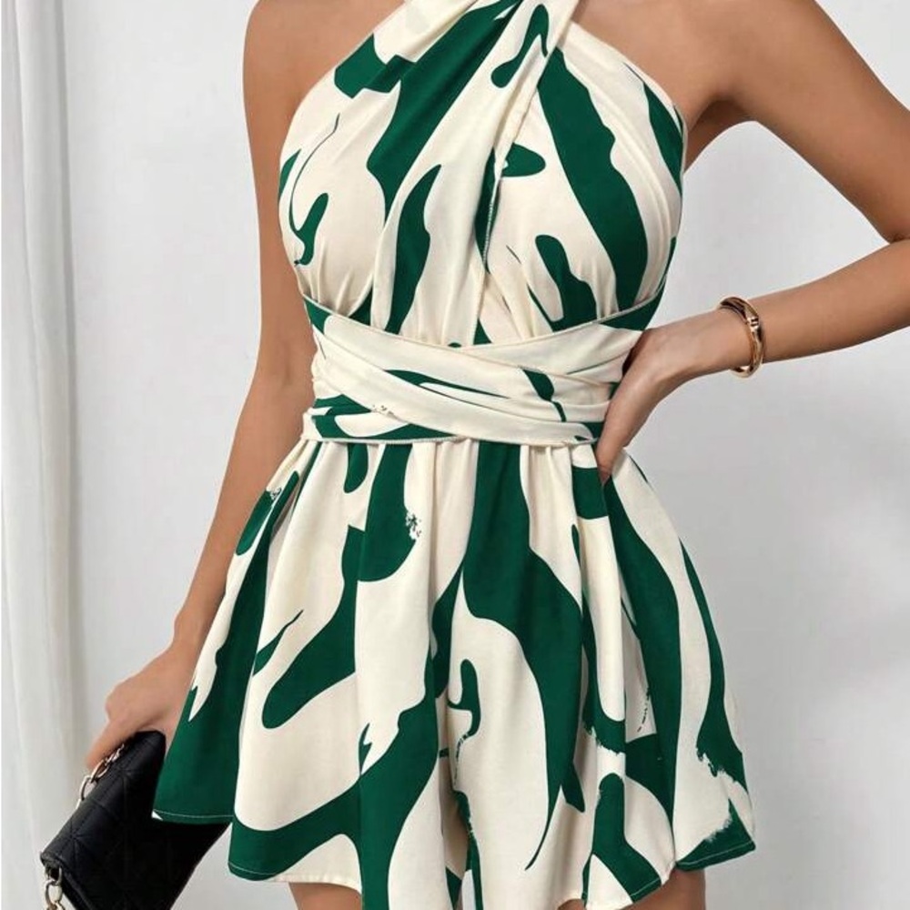 Green and Cream Halter Dress - Picture 1 of 4